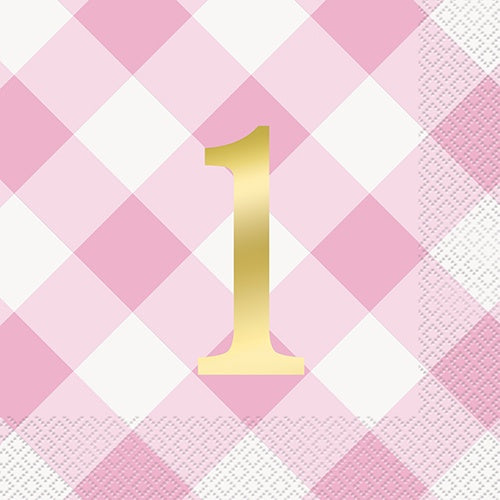 Gingham 1st Birthday Pink 16 Foil Stamped Luncheon Napkins 2ply 33cm x 33cm (13" x 13")
